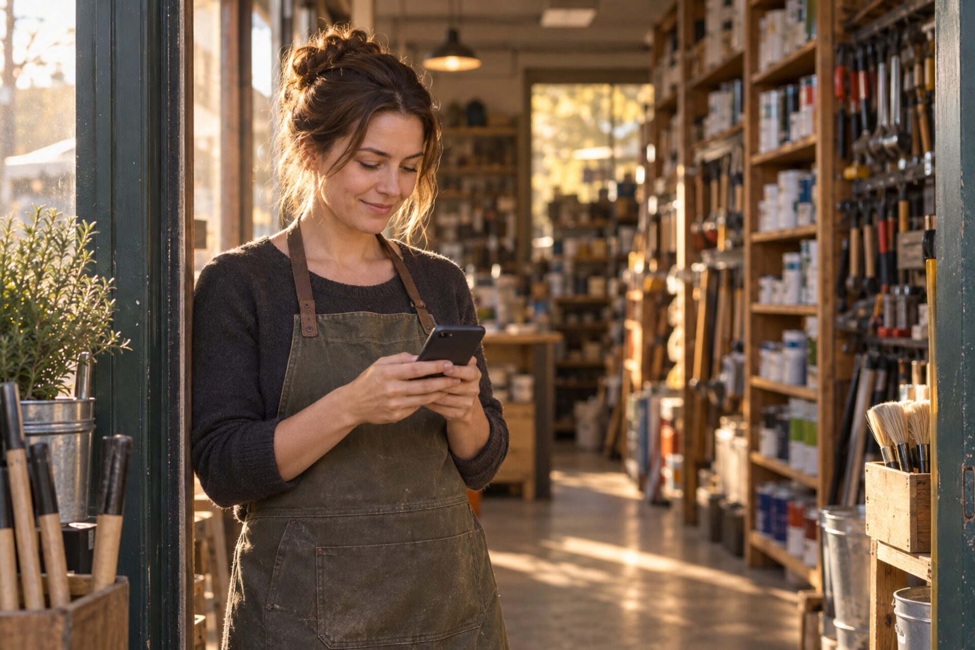 Shop owner standing in the doorway of her hardware store, checking her phone