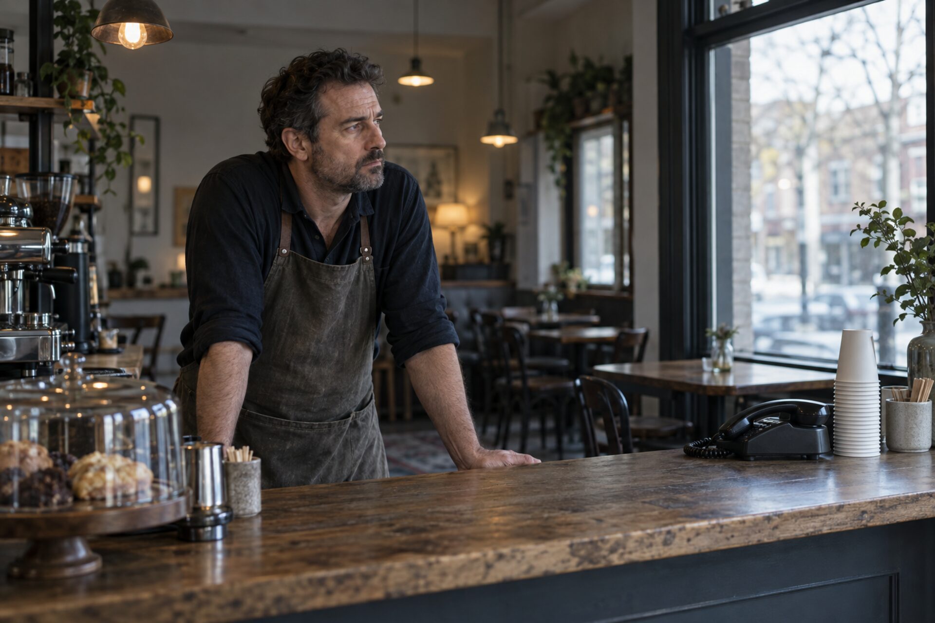 Cafe owner behind the counter looking out at an empty dining room