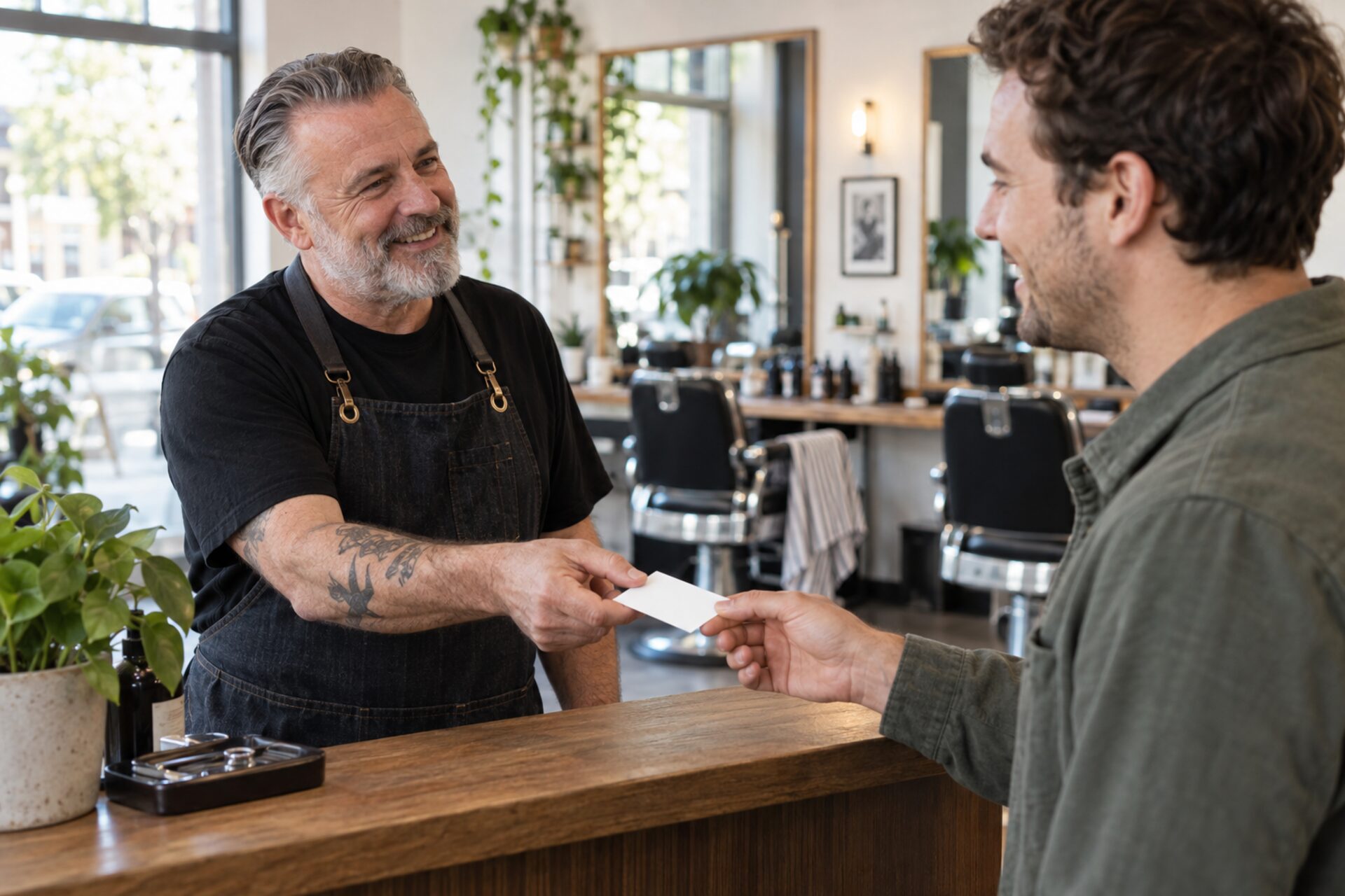 Barber handing a card to a smiling customer at the front desk of a barbershop