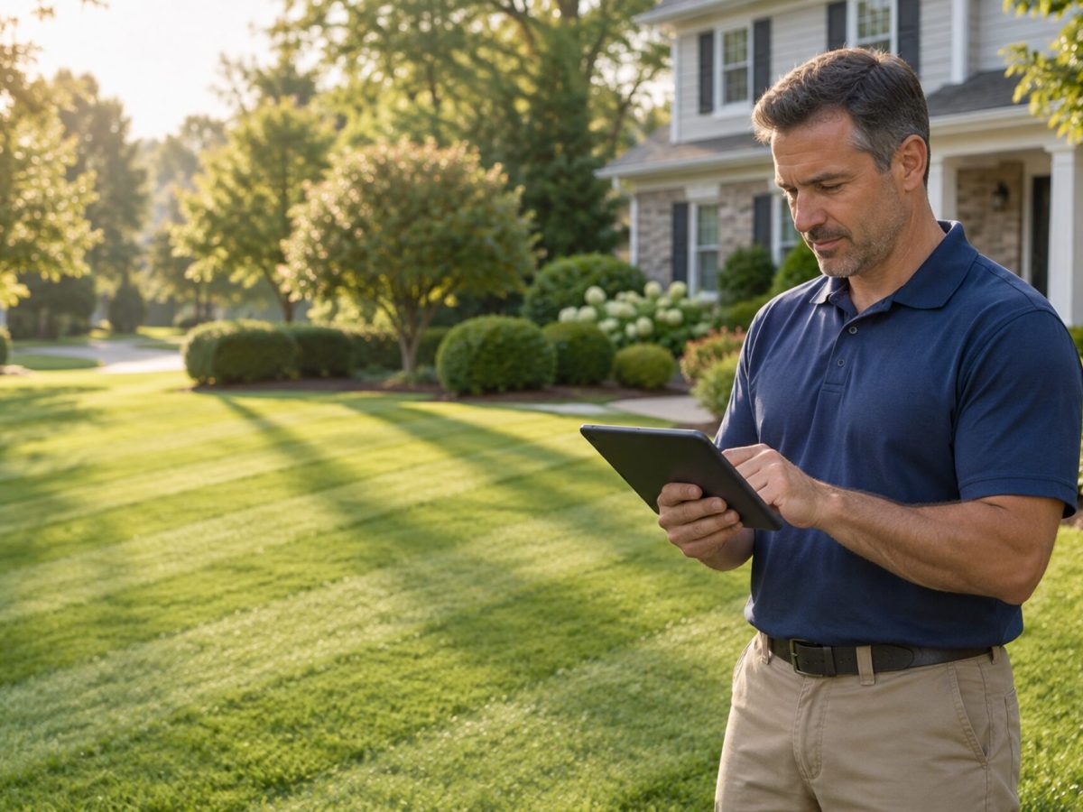 Lawn care business owner reviewing his schedule on a tablet beside a freshly striped lawn