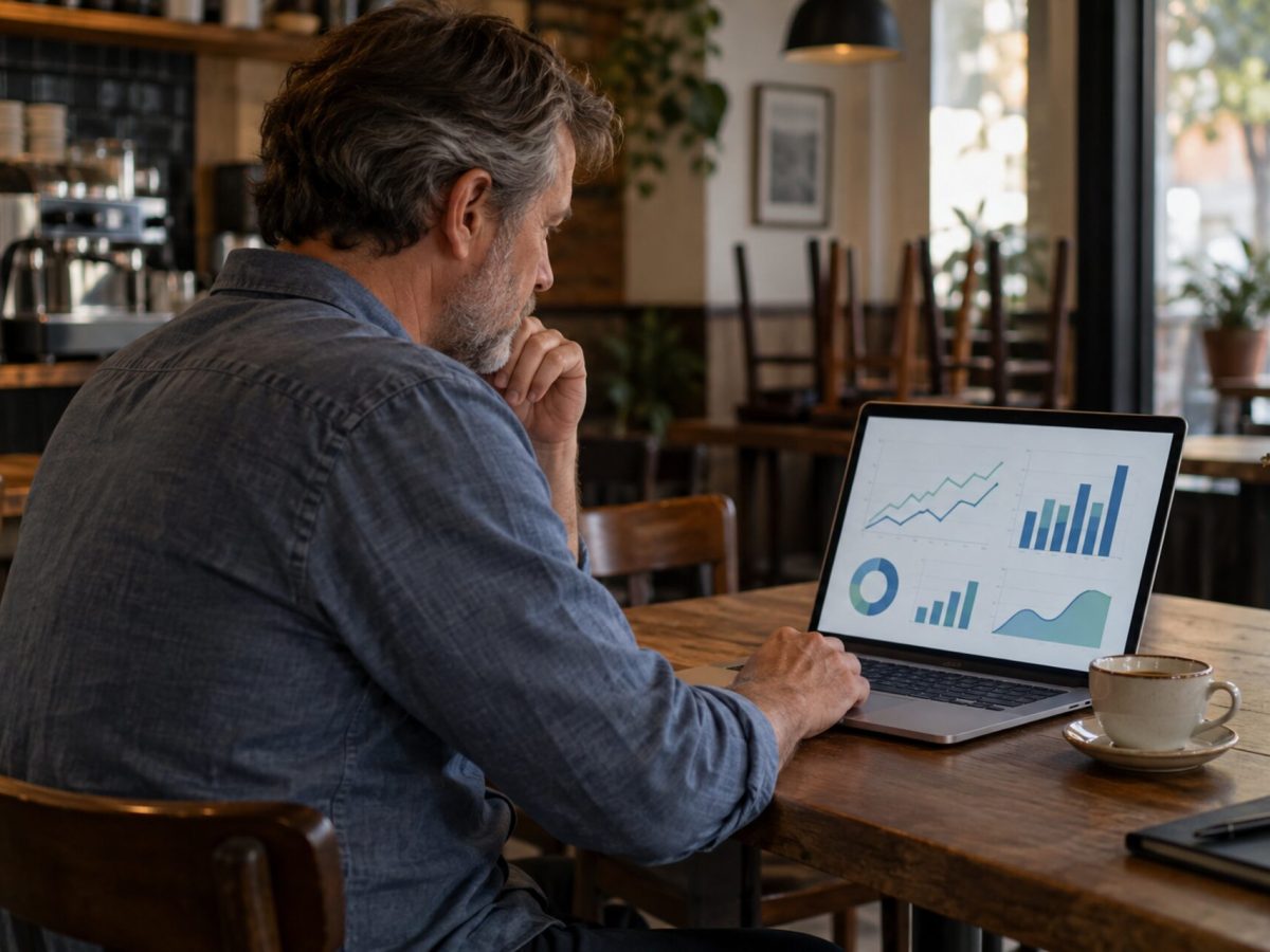 Cafe owner reviewing website and lead reports on a laptop after hours