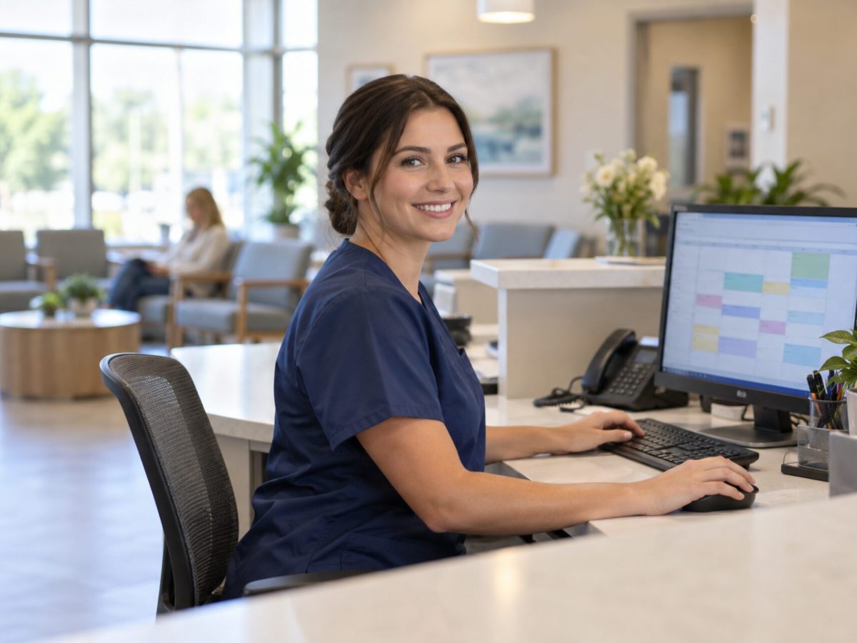 Medical practice front desk coordinator scheduling appointments at a computer