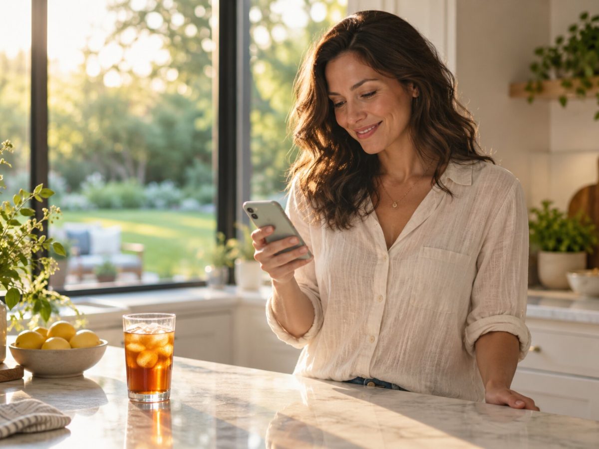 Homeowner smiling as she reads an email on her phone in her kitchen