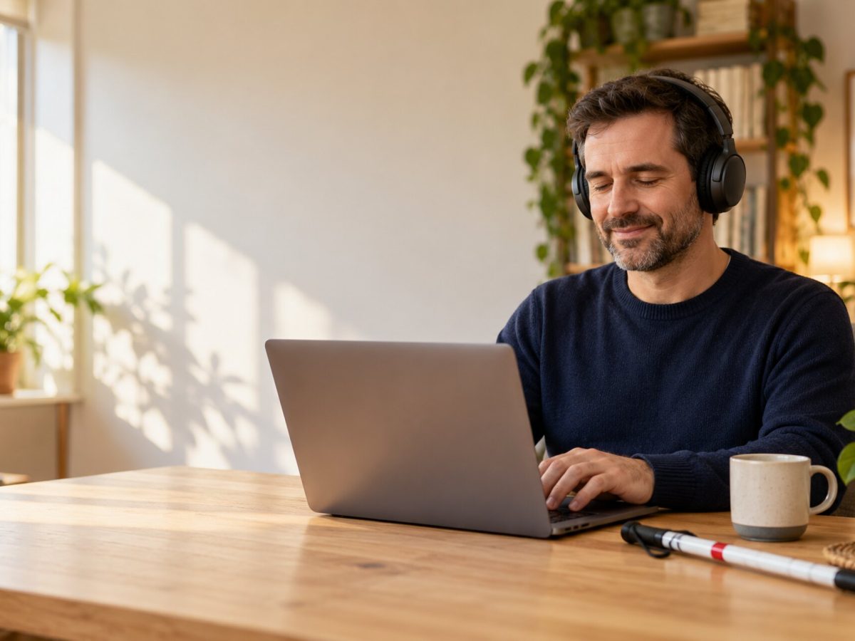 Man who is blind using a laptop with headphones and a screen reader at his desk, a white cane beside him