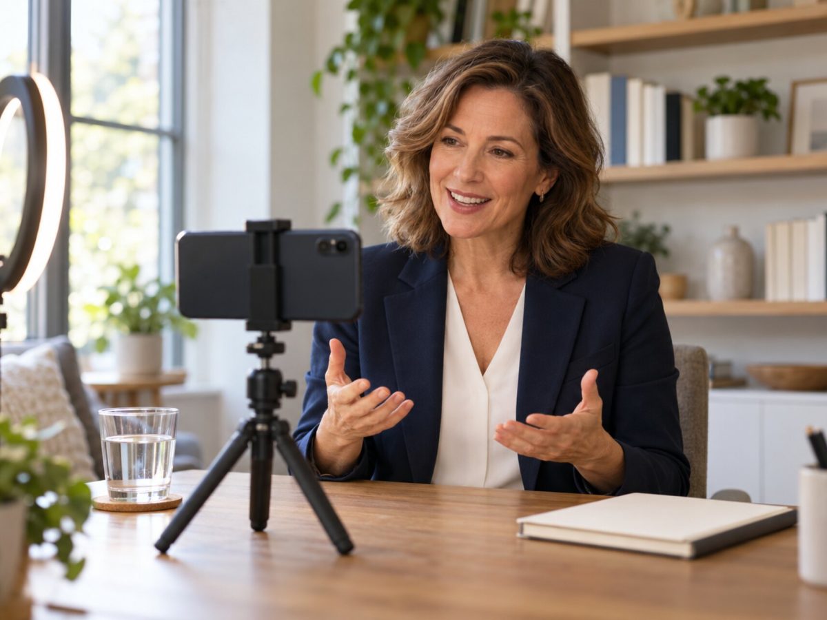 Franchise consultant recording a short video on a phone tripod in her office
